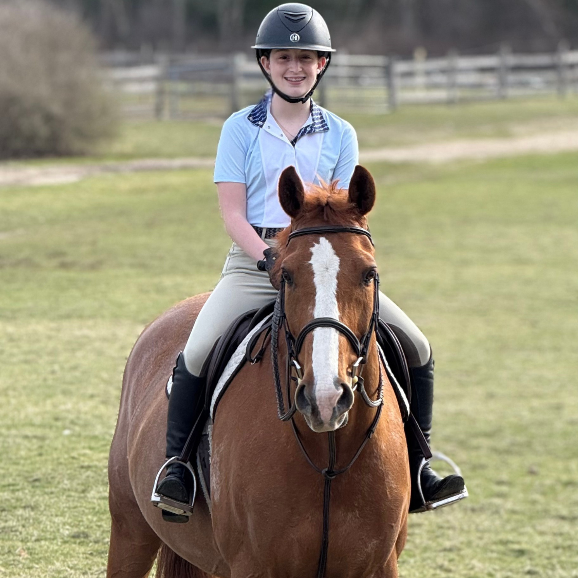 Ladies "Luna II" Light Blue Short Sleeve Performance Show Shirt with Stirrups Trim