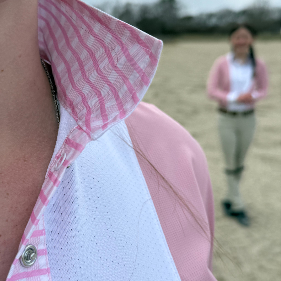 Ladies "Luna II" Pink Long Sleeve Performance Show Shirt with Pink Check Trim