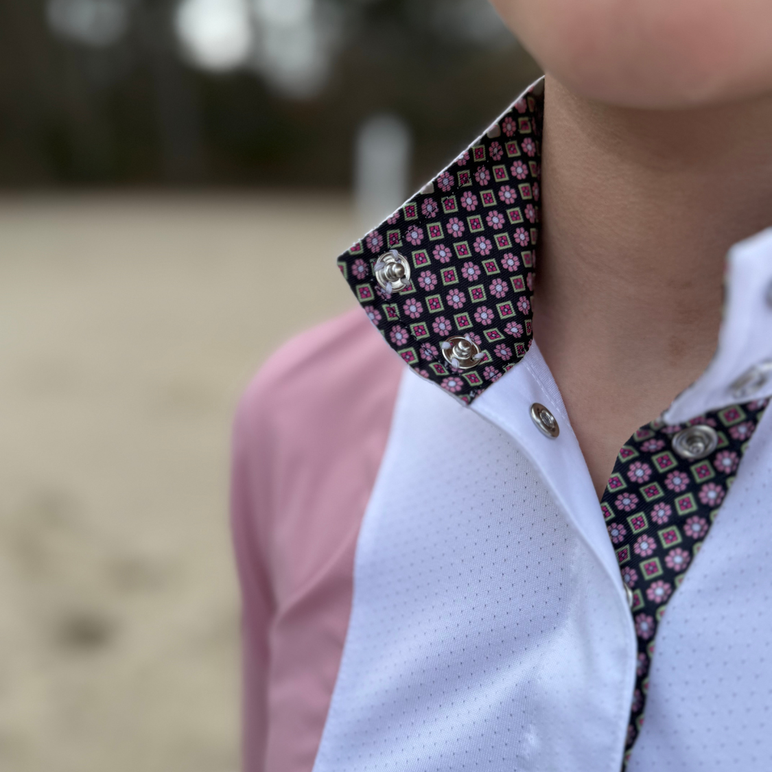 Ladies "Luna II" Pink Long Sleeve Performance Show Shirt with Diamond and Daisy Trim