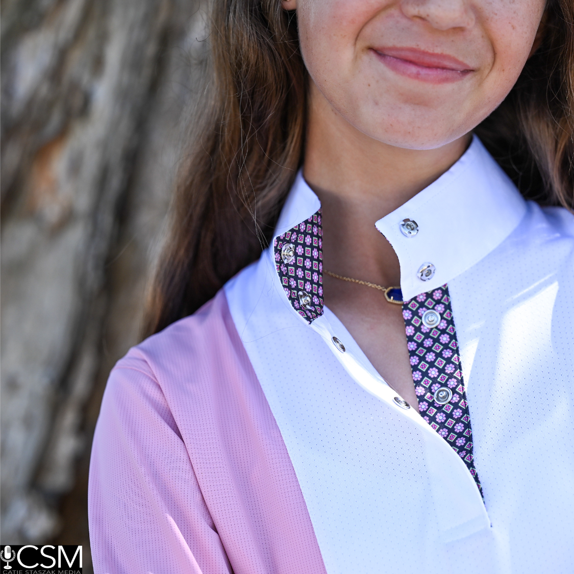 Ladies "Luna II" Pink Short Sleeve Performance Show Shirt with Diamond and Daisy Trim