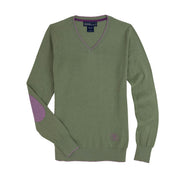 Moss Green with Mauve Trey V-Neck Sweater