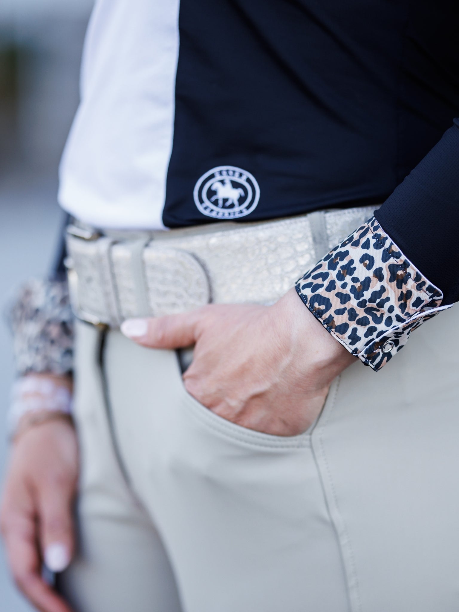 Ladies "Luna II" Black with Leopard Long Sleeve Performance Show Shirt