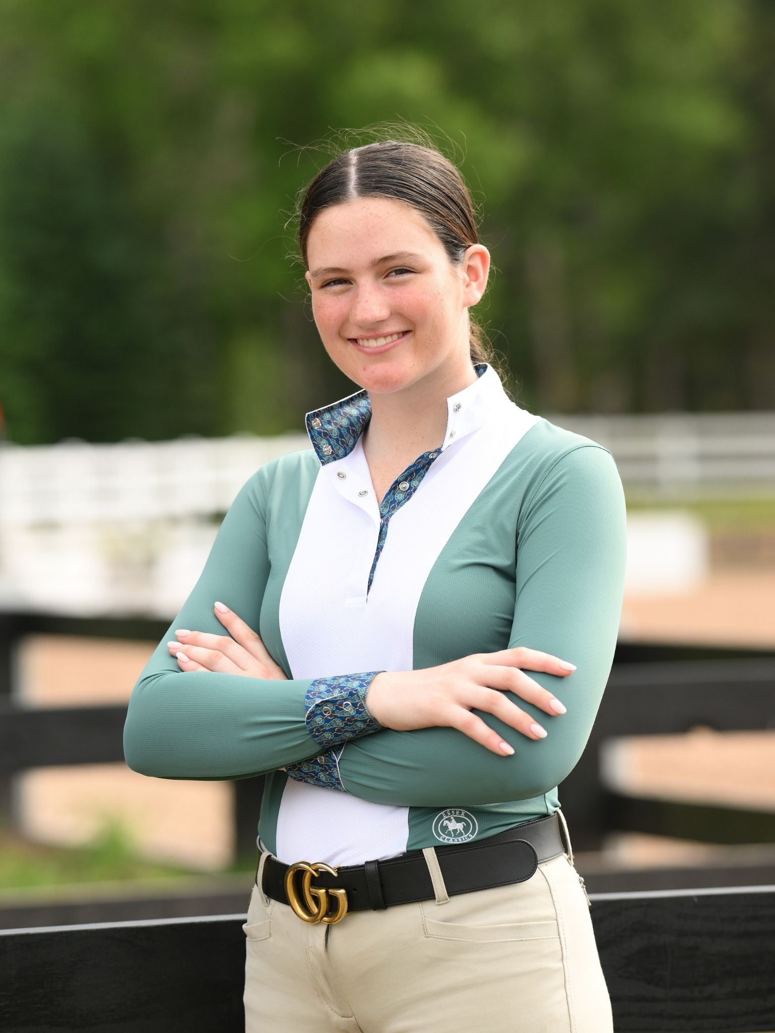 Ladies "Luna II" Forest Green with Golden Snaffle Long Sleeve Performance Show Shirt