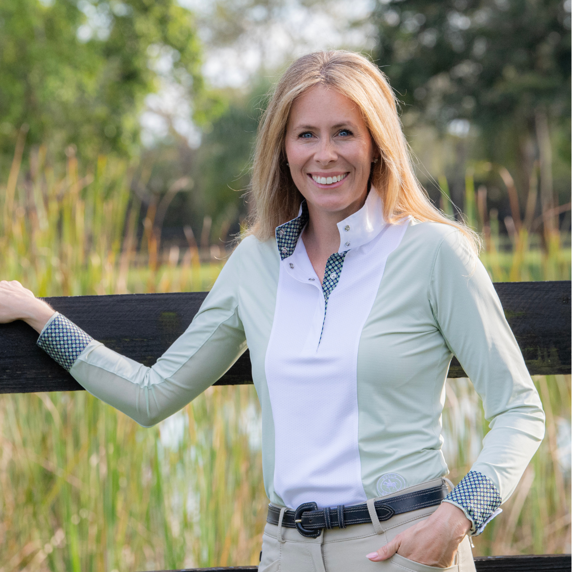 Ladies Sage Green "Luna II" Long Sleeve Performance Show Shirt with Diamond and Daisy Trim