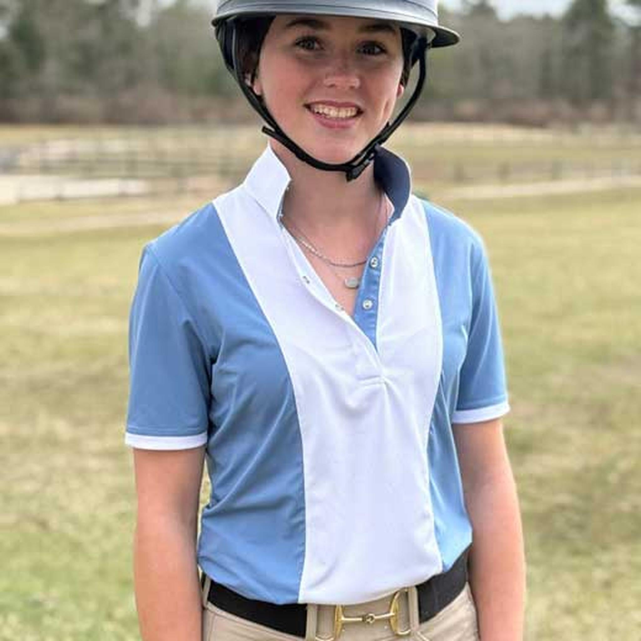 Ladies "Luna II" Blue Self-Trim Short Sleeve Performance Show Shirt