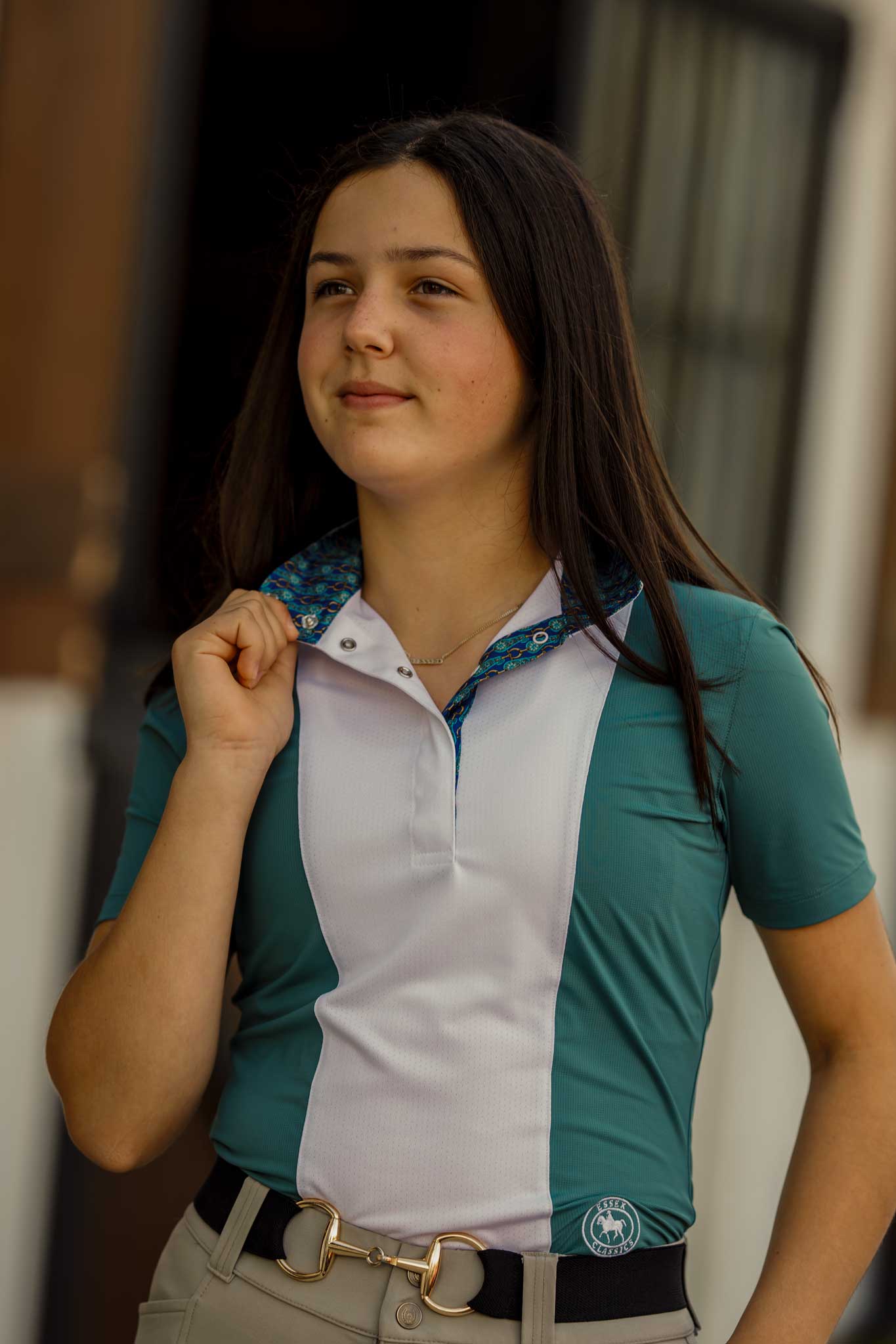 Ladies "Luna II" Forest Green with Golden Snaffle Short Sleeve Performance Show Shirt