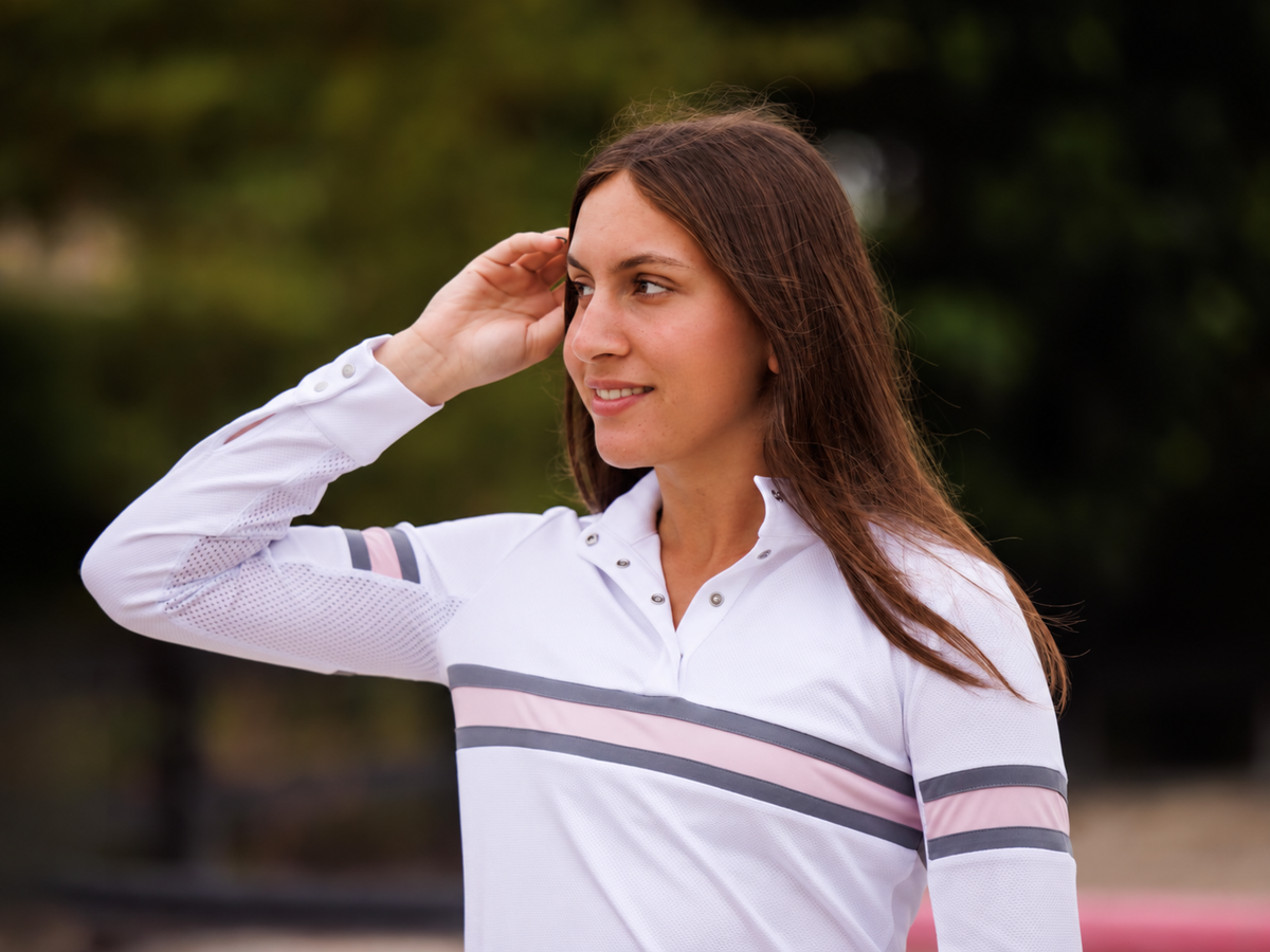 Cambridge Ladies Long Sleeve Show Shirt - White with Grey & Pink
