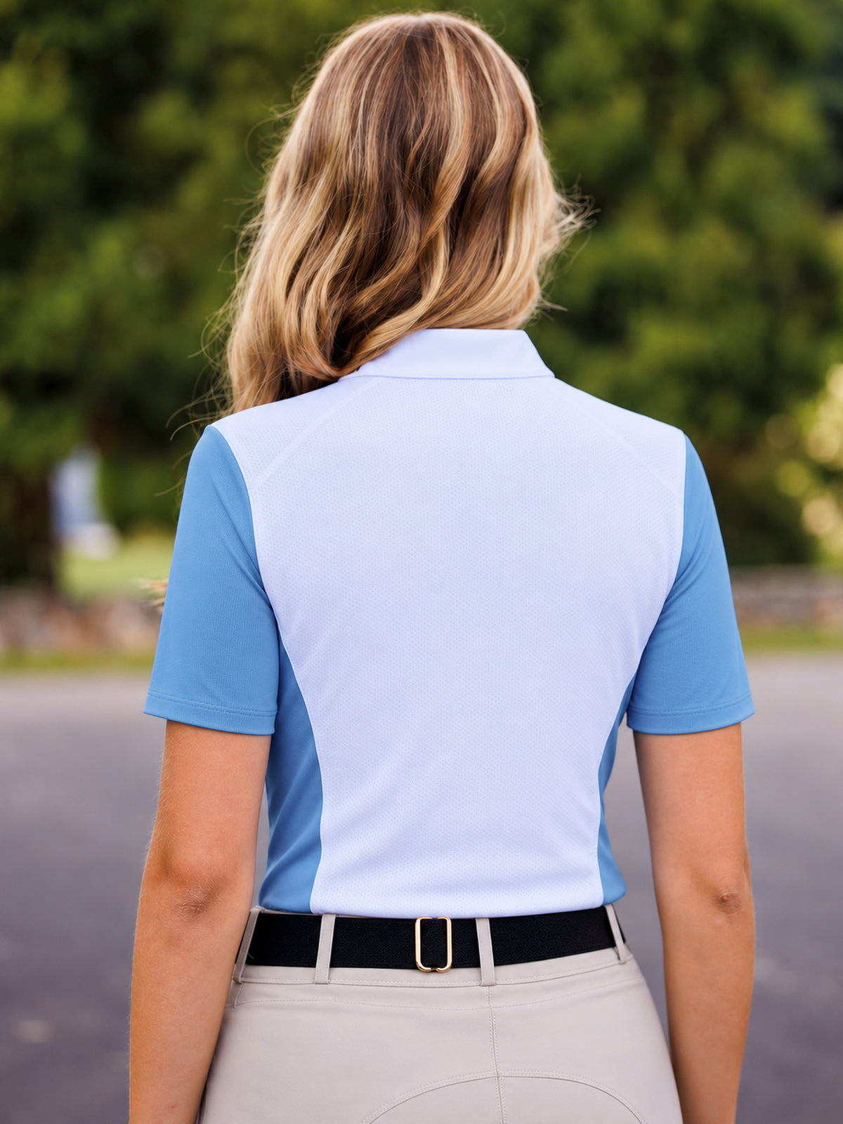 Ladies Claire Zip Collar Short Sleeve Show Shirt in Blue, back view