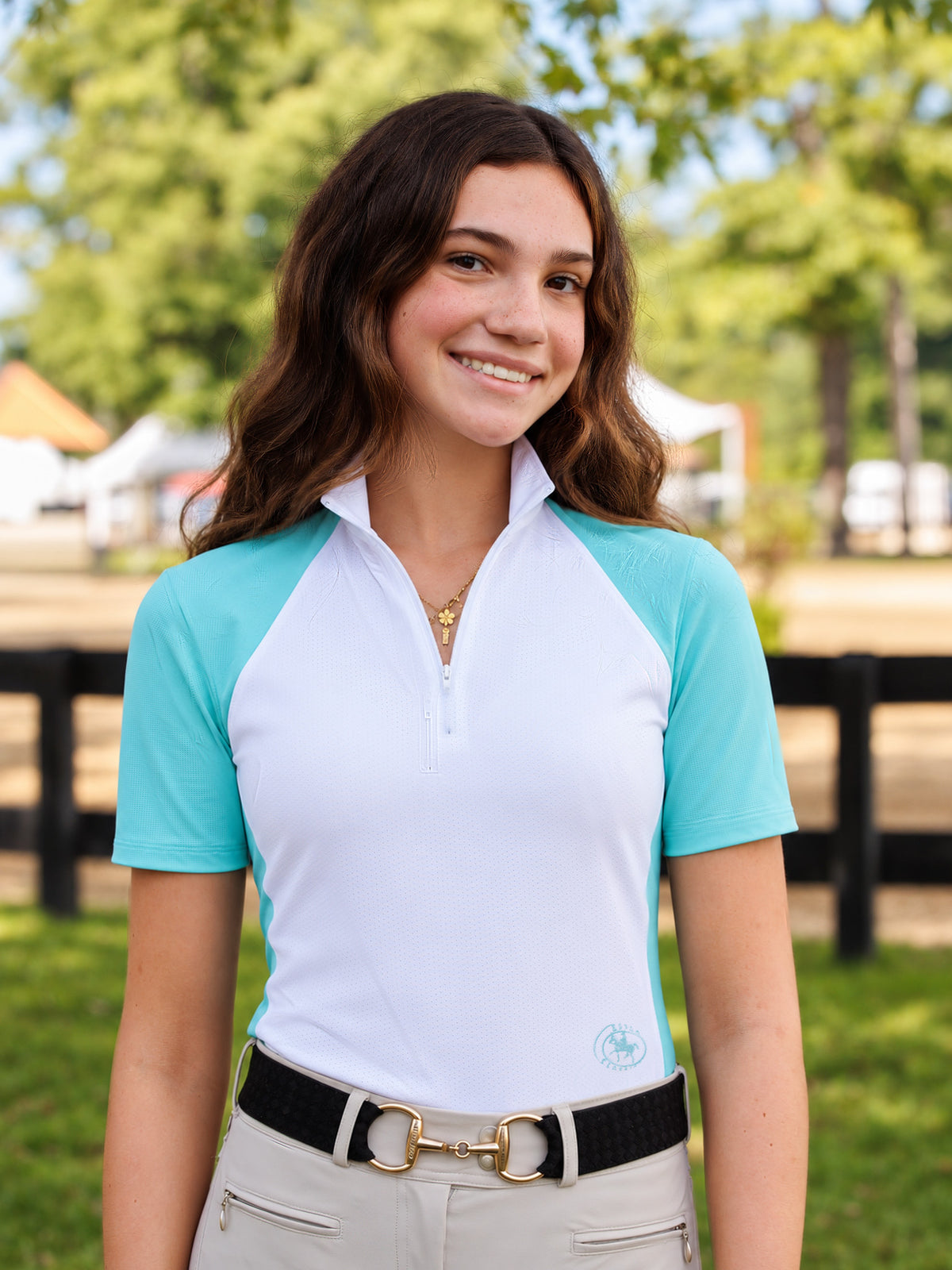 Ladies Claire Zip Collar Short Sleeve Show Shirt in Turquoise, front view