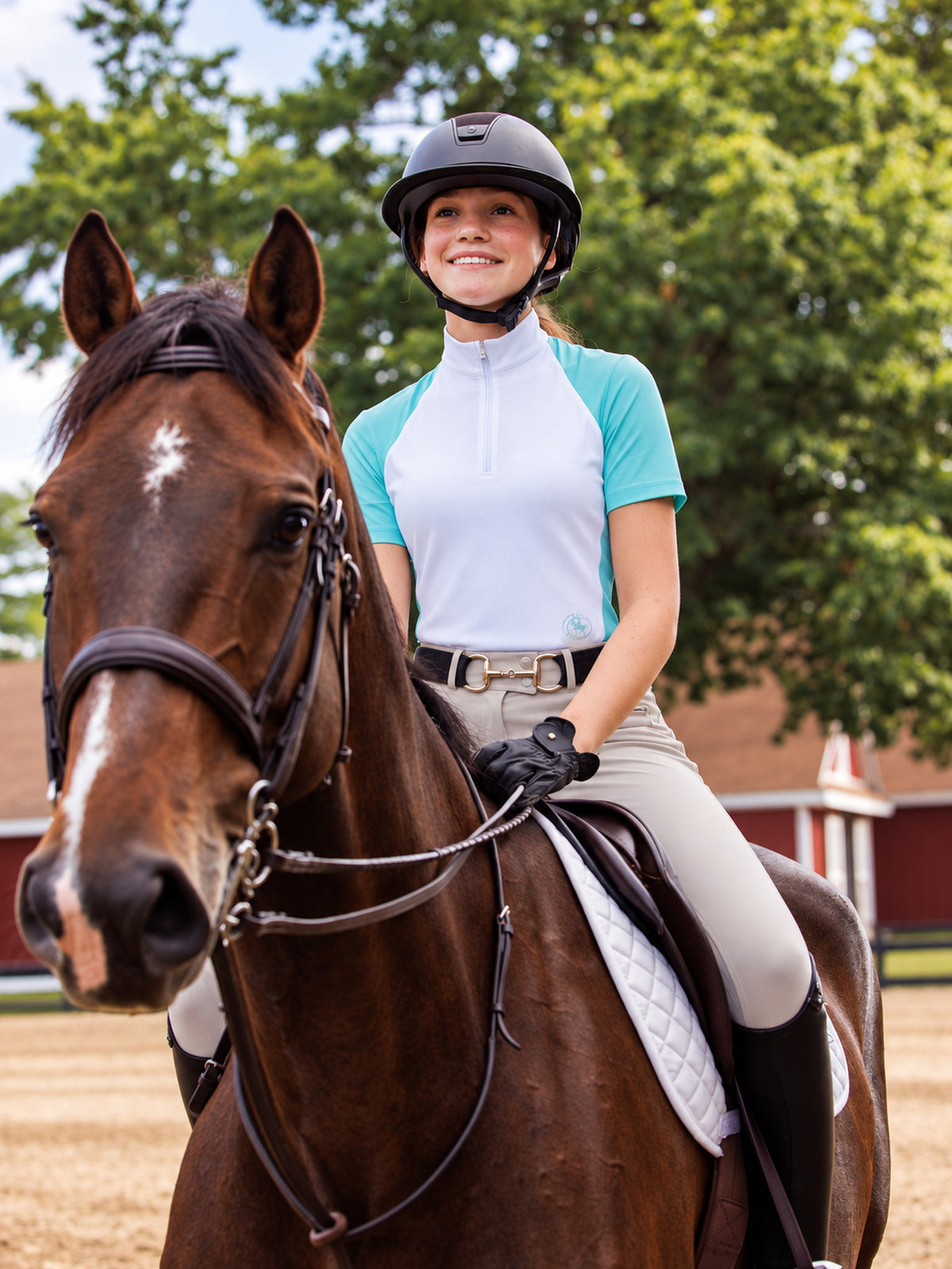Ladies Claire Zip Collar Short Sleeve Show Shirt in Turquoise, rider on horse