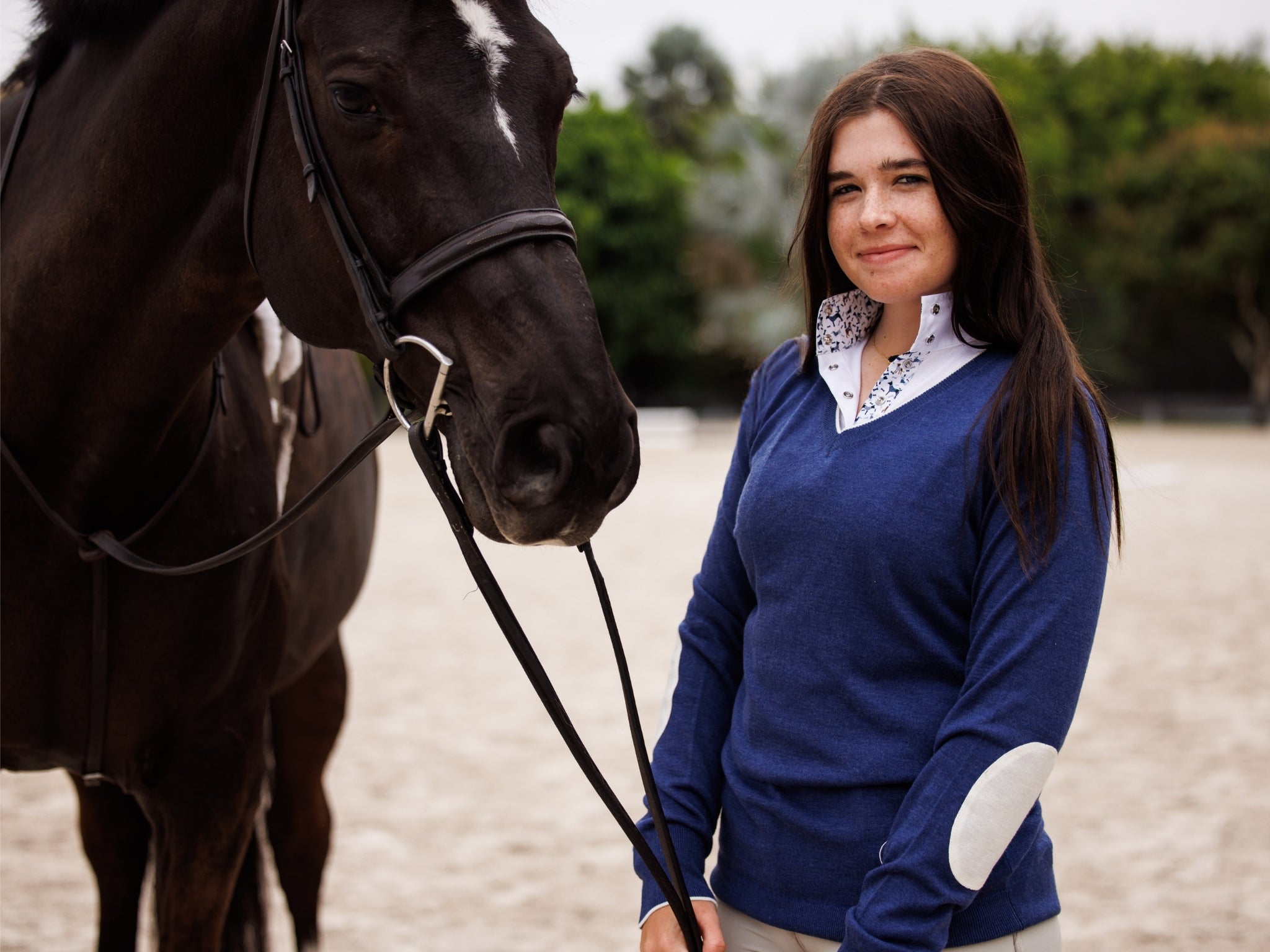 Ladies "Luna II" Marine Blue with Woof & Whimsy Long Sleeve Performance Show Shirt