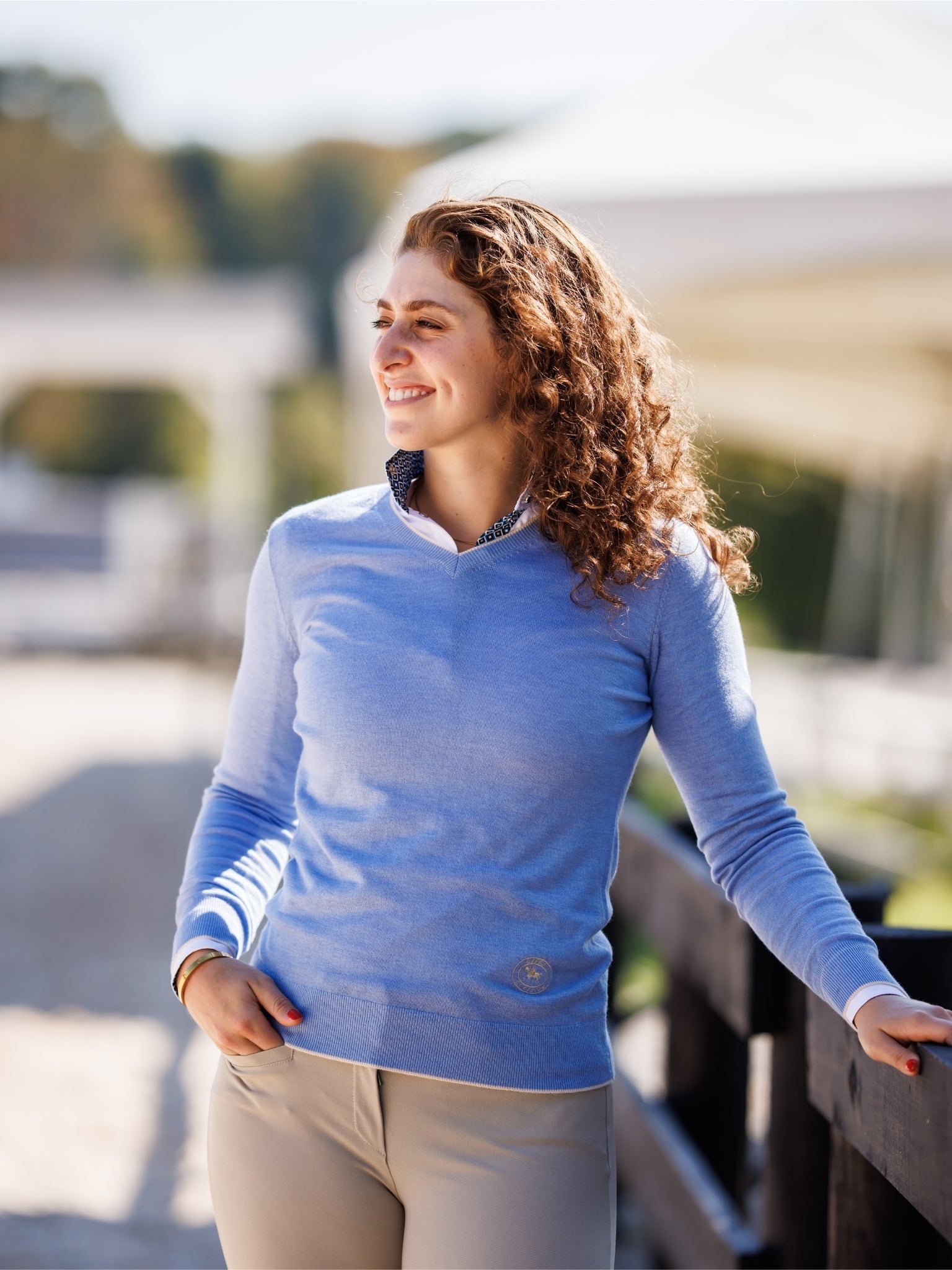 Light Blue with Cream Trey V-Neck Sweater
