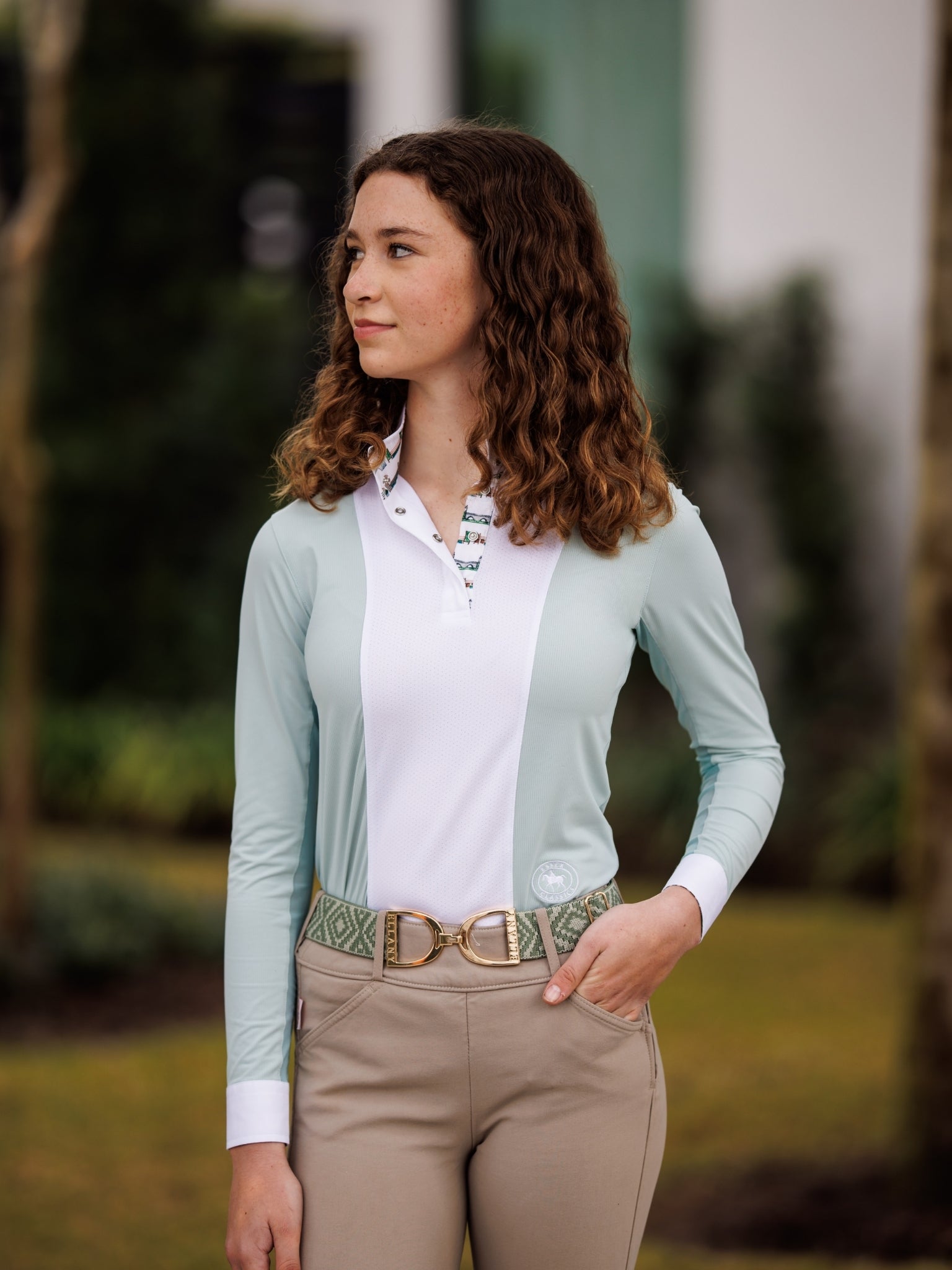 Girls "Luna II" Seafoam with Hunter Derby Long Sleeve Performance Show Shirt