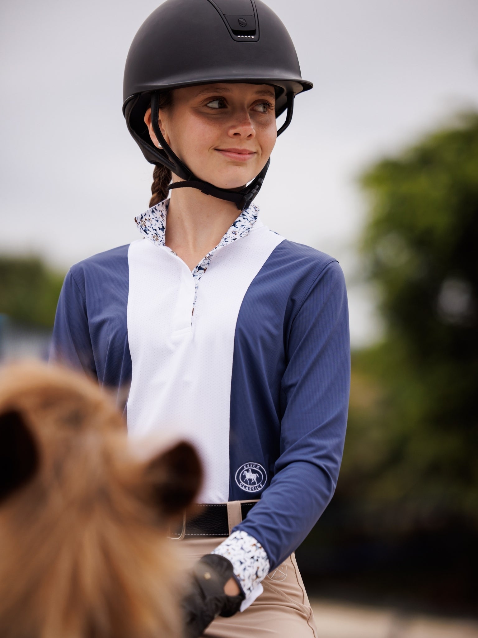 Girls "Luna II" Marine Blue with Woof & Whimsy Long Sleeve Performance Show Shirt