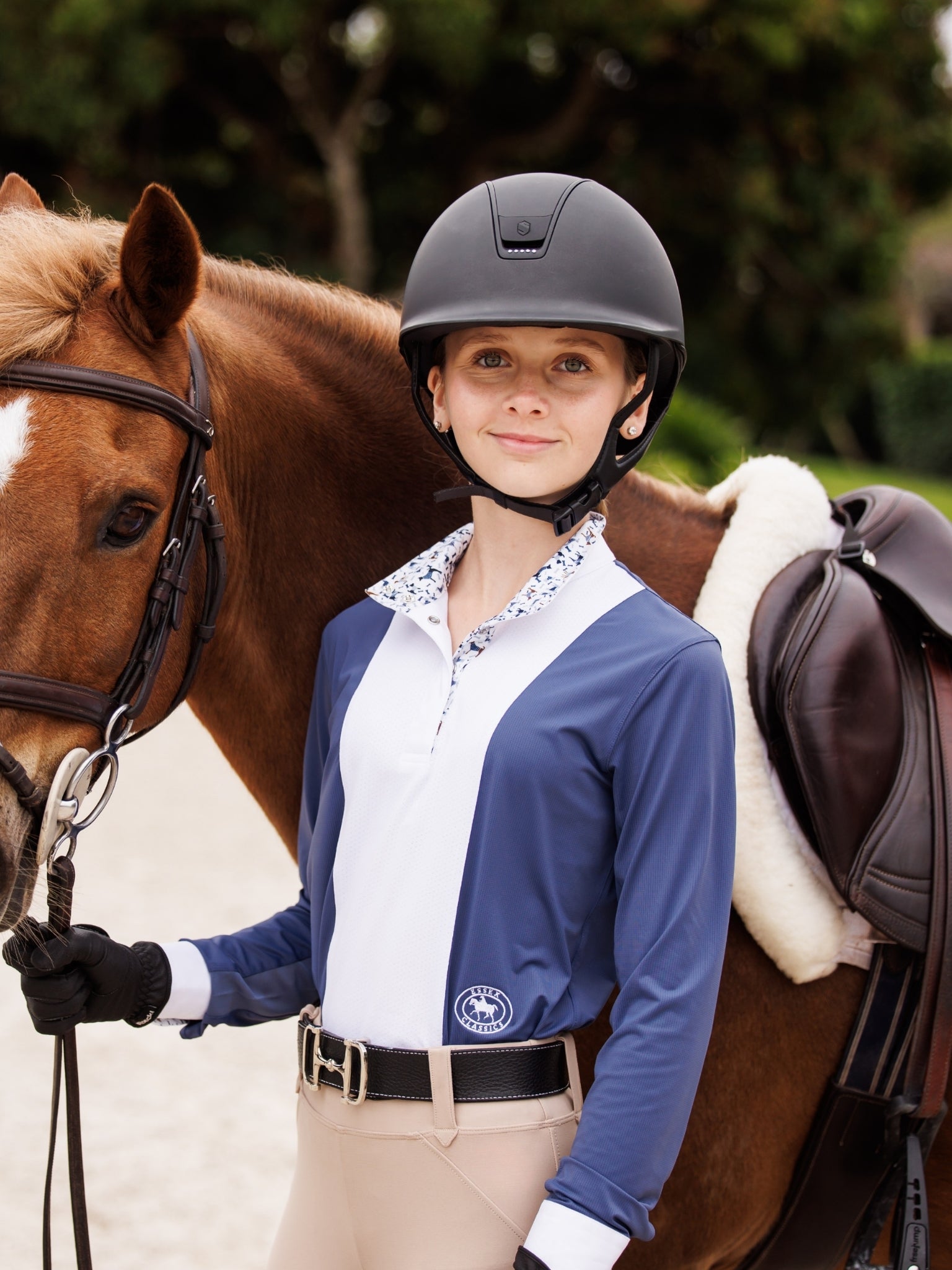 Girls "Luna II" Marine Blue with Woof & Whimsy Long Sleeve Performance Show Shirt