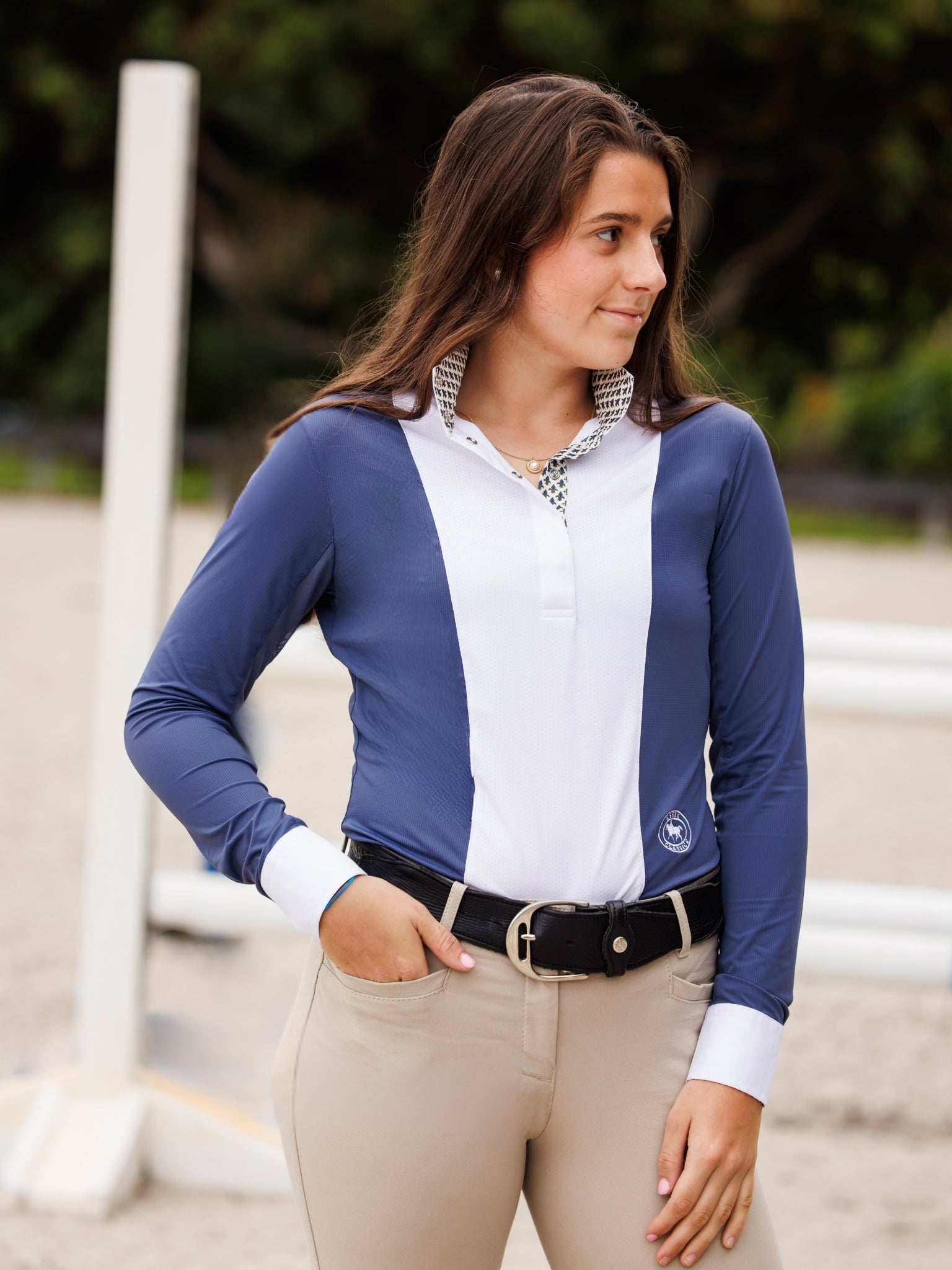 Ladies "Luna II" Marine Blue with Royal Hack Long Sleeve Performance Show Shirt