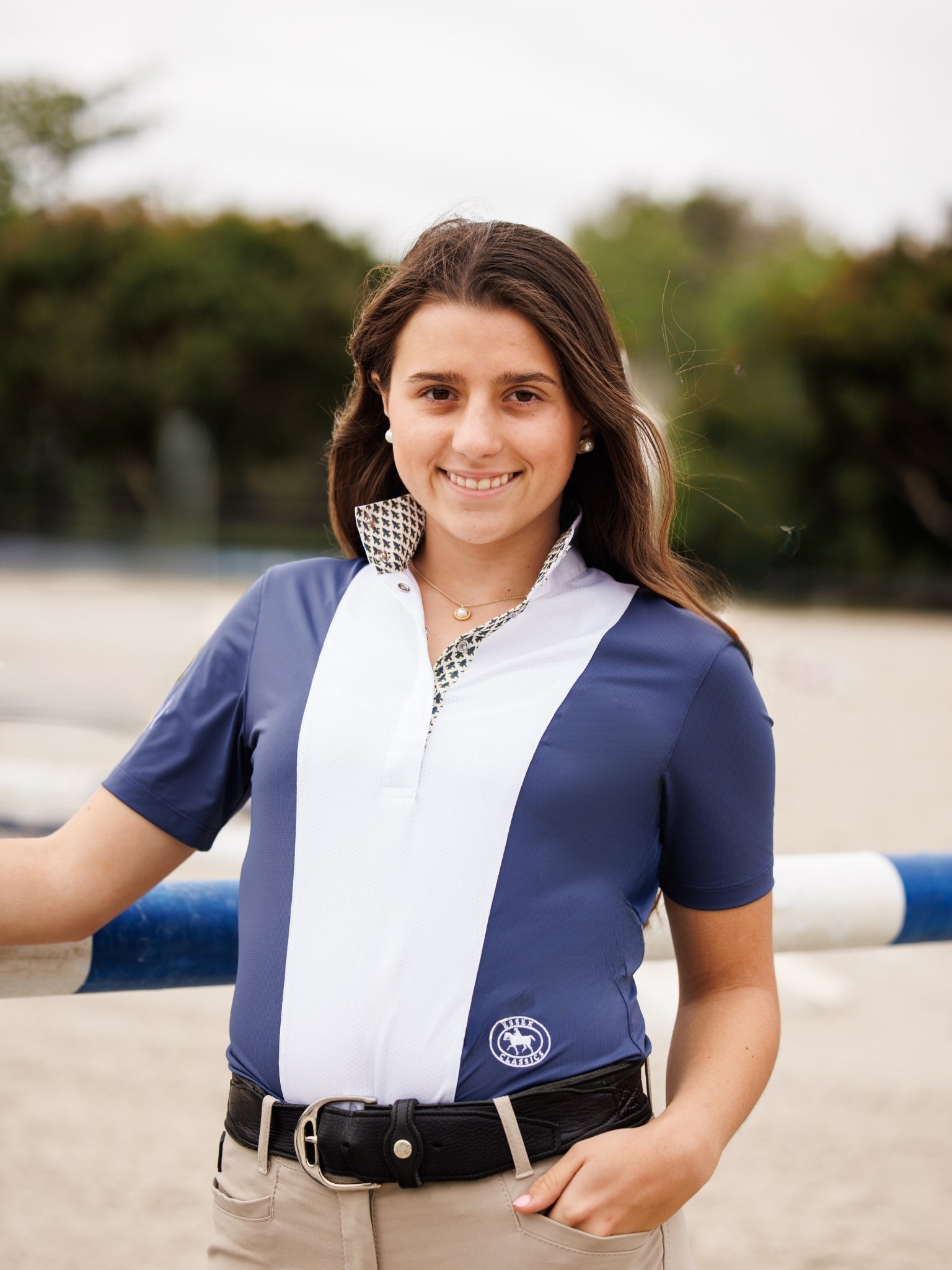 Ladies "Luna II" Marine Blue with Royal Hack Short Sleeve Performance Show Shirt