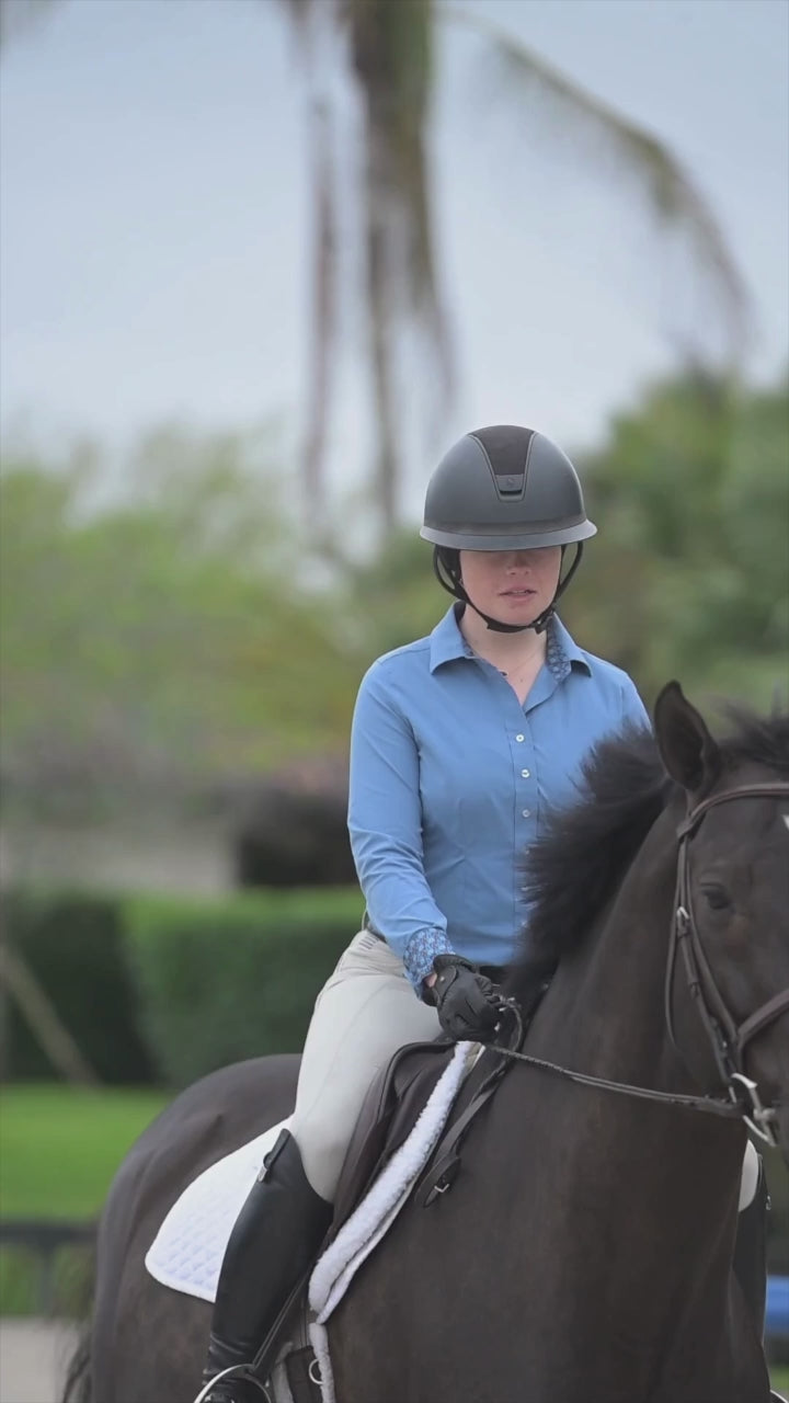 Load video: Dora II Schooling Shirt - Blue with Golden Snaffle Trim