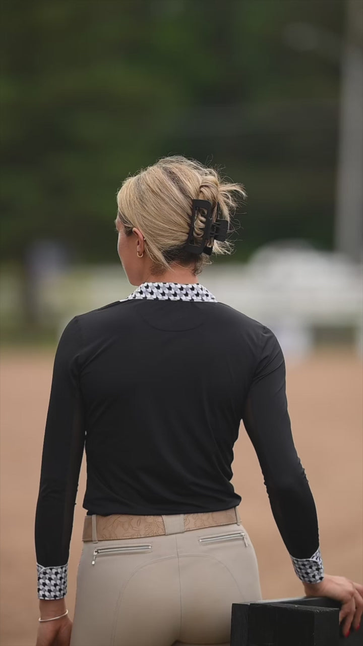Load video: Ladies "Luna II" Black with Geometric Long Sleeve Performance Show Shirt